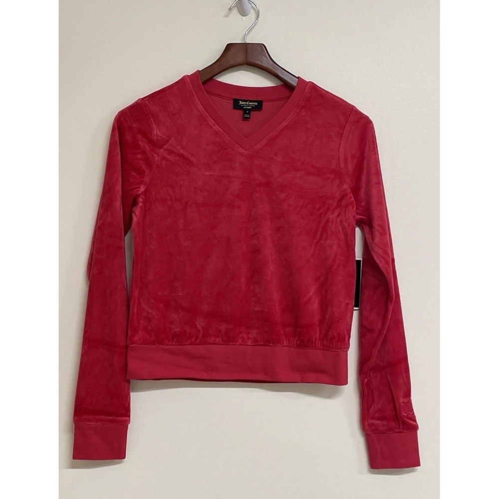 NWT Juicy Couture Black Label Cordial Red Lightweight Velour V-neck Pullover Sm
